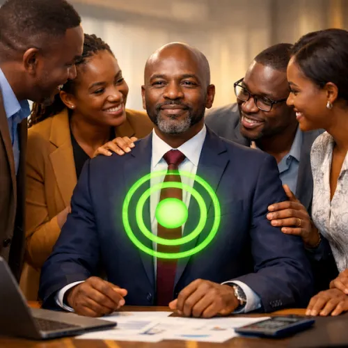 Five people smiling at a keyman